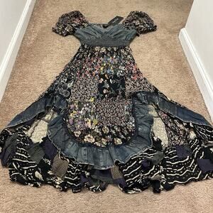 YOUNG THREADS NWT Floral Patchwork MIDI Dress with Denim Bodice Size Medium